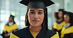 University, happy and face of woman at graduation for achievement, success and education milestone. Graduate, school and portrait of girl with pride for learning, scholarship and celebrate at college