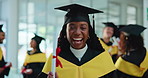 University, excited and face of woman at graduation for achievement, success and education milestone. Graduate, school and portrait of girl with pride for learning, degree and celebrate at college