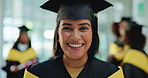 University, laugh and face of woman at graduation for achievement, success and education milestone. Graduate, school and portrait of girl with pride for learning, scholarship and celebrate at college