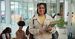 Smile, woman and face of student with books on campus for learning, knowledge or university. Happy, portrait and female person with bag and tablet for college studying with scholarship for education.