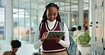 Browsing, tablet and woman with smile, education or planning for exam on website, online or college. Happy, student and black person with tech for knowledge, learn and scroll on app for info and test