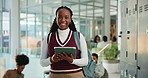 Smile, black woman and face of student with tablet on campus for learning, knowledge or university. Happy, portrait and person with technology for college studying with scholarship for education.