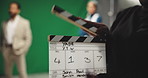 Art, people and movie slate for shoot, actor and process in studio, production or behind the scenes. Media, team and clapperboard for visual cue, videographer and director with equipment for filming