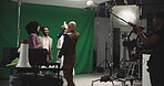 Filming, movie and high five with people in studio for cinema, production success or record. Cinematography, videographer and director approval with cameraman and producer for rehearsal and thank you