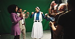 Happy people, director or cast with applause in celebration for filmmaking on production set. Group, actor or team clapping with high five or green screen for photoshoot or video commercial on stage