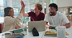 Excited, laptop or students high five in class for test success, exam results or target. University education, college or happy people in school to celebrate assignment goal or scholarship approval