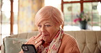 Shocked, wow or old woman with phone or news for internet, reading or gossip story on technology. Home, surprise or curious senior person with mobile for online media, funny message or notification