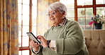 Home, search or old woman with phone or news for internet, texting or learning on technology. Check, retirement or senior female person with mobile for online media, beginner guide or digital website