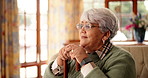 Senior woman, cane and thinking on sofa with memory, reflection and recovery from injury in house. Elderly person with disability in retirement home, walking stick and rehabilitation with nostalgia
