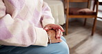 Afraid, anxiety and stress with hands of old person in bedroom of retirement home for uncertainty. Concern, fear and worry with nervous senior in apartment for difficulty, phobia or memory loss