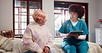Results, old woman or nurse with tablet for news, consulting or explaining treatment in nursing home. Wellness check, exam or caregiver talking to senior patient with medical test, healthcare or help