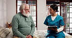 Results, old man or nurse with tablet for news, consulting or explaining treatment in nursing home. Wellness check, exam or caregiver talking to senior patient with medical test, healthcare and help