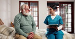 News, old man or caregiver in nursing home with tablet for results, consulting or explaining treatment. Wellness check, exam or nurse talking to senior patient with medical test, healthcare and help