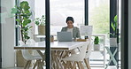 Laptop, research and businesswoman in office with budget report, email or online proposal. Computer, finance and female financial manager with investment account for client in boardroom at workplace.