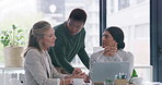 Meeting, laptop and business women in office planning for company budget report in collaboration. Computer, teamwork and female financial advisors with discussion for investment proposal in workplace