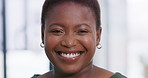 Black woman, face and journalist in office for publishing agency, employee and smile. Portrait, project management and confident with company mission for news, experience and proud business writer