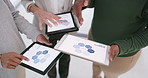 Tablet screen, hands and business people with data in meeting, planning and analysis. Technology, group and discussion with charts for strategy, kpi and collaboration with venture outline in office