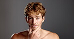 Studio, man and face with grooming for skincare, dermatology and confidence with smile for beard. Mockup space, male person and model in portrait for cosmetics, smooth and wellness in gray background
