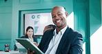 Man, tablet and face at meeting with finance, charts and smile with app at investment agency. Person, broker and click with fintech, boardroom and stats for graphs, results or revenue for company