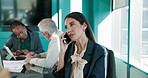 Meeting, phone call and businesswoman in office for contact on finance negotiation. Cellphone, communication and female financial manager on mobile discussion for investment proposal in workplace.