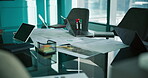 Empty, boardroom and paperwork on desk, tech and financial report for meeting and corporate company. Vacant, chairs and workplace with laptop for training session, documents and data on table in room