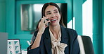 Meeting, phone call and businesswoman in office for communication on finance statistics. Cellphone, happy and female financial manager on mobile discussion for investment proposal in workplace.