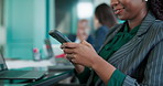 Hands, business and woman in office, cellphone and email with digital app, laughing and funny meme. Closeup, person and corporate professional with humor, smartphone and online joke with social media