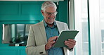 Tablet, communication and mature businessman in office with investment or finance proposal. Digital technology, happy and male financial manager with research, email or contact for negotiation.