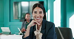 Business woman, face and smile in office for company development, research and kpi performance report. Coworking, technology and financial analyst for risk management, investment or revenue increase
