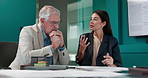 Conversation, explaining and business people in office for negotiation, pitch or investment proposal. Meeting, discussion and financial manager with investor for asset management in workplace.