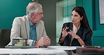 Discussion, explaining and business people in office for negotiation, pitch or investment proposal. Meeting, conversation and financial manager with investor for asset management in workplace.