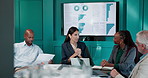 Collaboration, conversation and meeting with business people in boardroom for financial investment. Charts, infographic and trading with financial team in office for portfolio or risk management