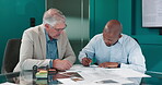 People, sign and document with handshake in office for welcome, b2b contract and agreement form. Men, shaking hands and legal paperwork for onboarding, job negotiation and congratulations with offer