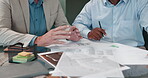 Hands, man and explain documents in meeting for discussion, planning and proposal feedback. People, talking and teamwork with paperwork for compliance, legal information and report for b2b management