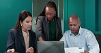 Laptop, research and planning with business people in office for investment report, meeting and advice. Coaching, stock broker training and digital profit review with employees in agency for teamwork