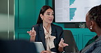 Collaboration, conversation and meeting with financial team in boardroom for investment or trading. Charts, infographic and finance with business people in office for portfolio or risk management