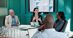 Charts, collaboration and meeting with financial team in boardroom for investment or trading. Conversation, infographic and finance with business people in office for portfolio or risk management