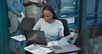 Office, employee and woman with documents, laptop and serious for data entry, bookkeeper and report. Read, paperwork and tech for records of financial transactions, typing and analysis of stats