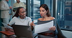 Paper, finance or business women in discussion for report, budget review or economic data. Teamwork, talk or financial manager in meeting with investment project, charts report or research documents