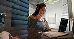Business, phone call and woman in coffee shop, laptop and communication with supply chain, app or inventory. Mature person, cafe and entrepreneur with cellphone, tech and conversation with internet