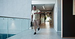 Stress, businessman or check watch with running in office for meeting, panic or time management fail. Late, black person and hurry in corridor with appointment urgency, schedule and moving at speed