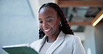 Office, happy and woman with tablet, online and ad campaign performance on web, excited or employee. Laughing, media manager and black person with tech for brand awareness, app and smile for success