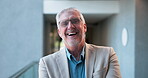 Laughing, man and CEO in office, face and happy for financial growth in company, pride and investor. Corporate, mature person and smile for career development, confident and ambitious for opportunity