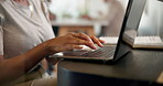 Laptop, hands typing and business woman in office for email, research and brand design. Computer, keyboard and creative worker in startup for writing campaign, promotion project and review online ads