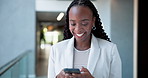 Phone, business and black woman typing in office for email, laugh or event planner reading meme. Mobile, happy worker and communication online, funny message and chat for decor update in hallway