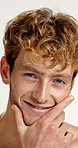 Skincare, confident and face of man in studio with health, wellness and facial grooming. Happy, hygiene and portrait of male person from Australia with dermatology for hydration by white background.
