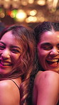 Women, friends and dancing for fun at nightclub for disco, celebration and New years event. Smile, people and moving with rhythm at concert, music festival and bonding together for birthday party