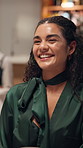Happy, woman and listen on date at restaurant for discussion, romantic dinner and bonding together. Smile, couple and laugh for funny joke, anniversary occasion and fine dining at hospitality service