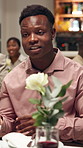 Man, talking and partner on date at restaurant for discussion, romantic dinner and bonding together. Happy, couple and funny conversation, anniversary occasion and fine dining at hospitality industry