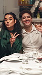 Wine, couple and selfie at restaurant with peace sign, blow kiss and happy memory for social media. Alcohol drinks, man and woman take picture at dinner party, gathering or photo on date together